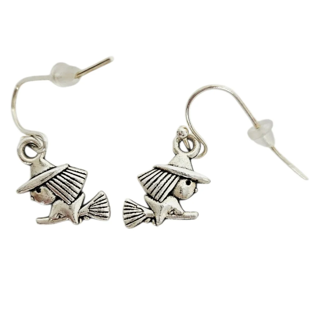 Flying Witch Dangle Earrings Antique Silver Halloween Broomstick Witch - Picture 4 of 5